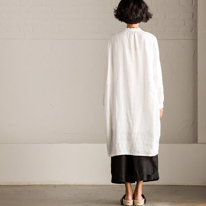 Art Casual Loose Big Size Long Linen Dress Shirt Women Tops C8923A S / White Art Casual Loose Big Size Long Linen Dress Shirt Women Tops C8923A S / White