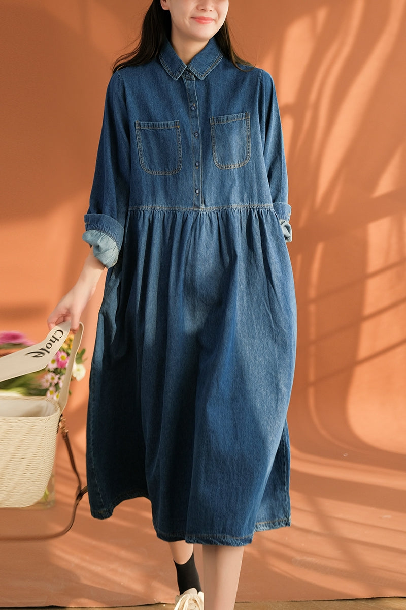Spring Casual Cotton Long Dresses For Women L / Blue Spring Casual Cotton Long Dresses For Women L / Blue