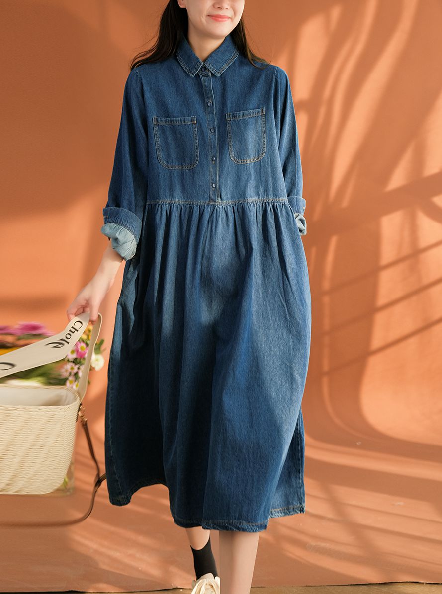 Spring Casual Cotton Long Dresses For Women L / Blue
