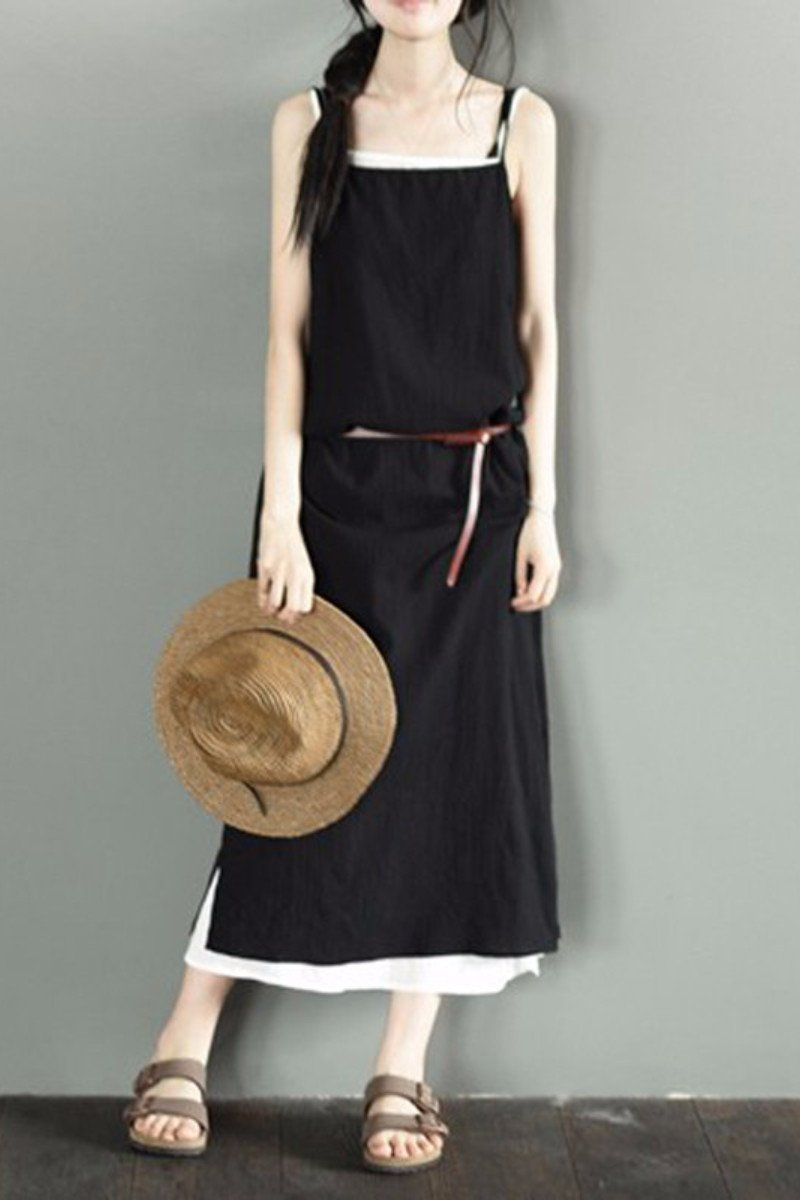 Small Black And White Condole Belt Long Dress Summer Casual Tops LR003  FantasyLinen