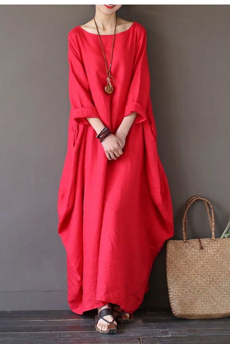 loose red dress Red Bat Sleeve Causel Long Dress Plus Size Oversize Women Clothes 1638 Custom