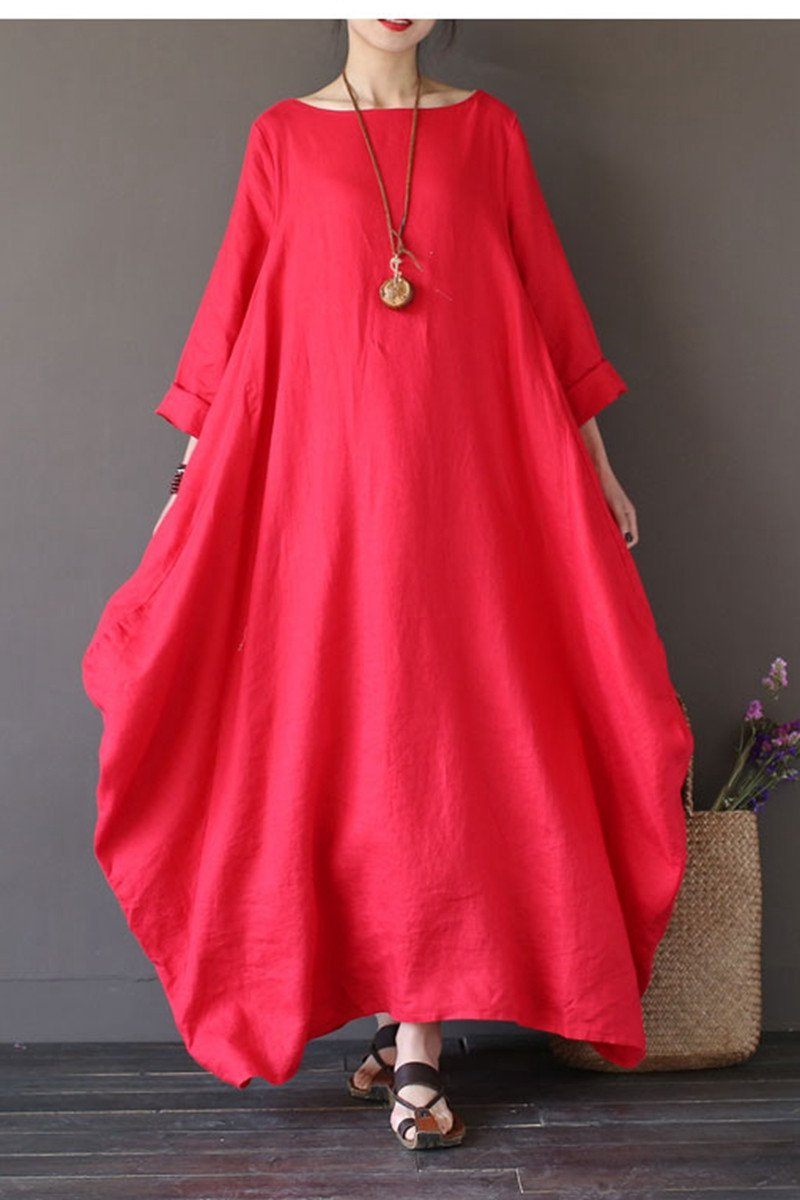 Red Bat Sleeve Causel Long Dress Plus Size Oversize Women Clothes 1638 Custom