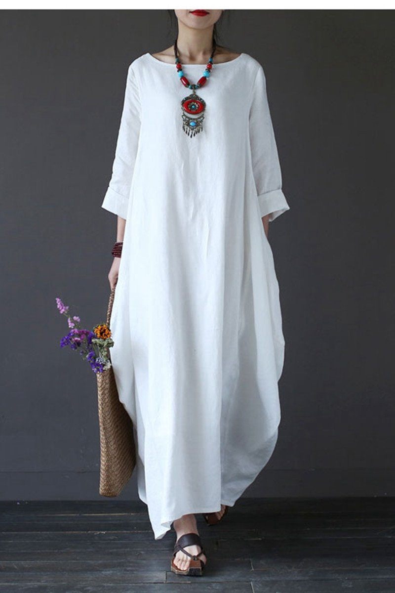 White Bat Sleeve Causel Long Dress Plus Size Oversize Women Clothes 1638 XL