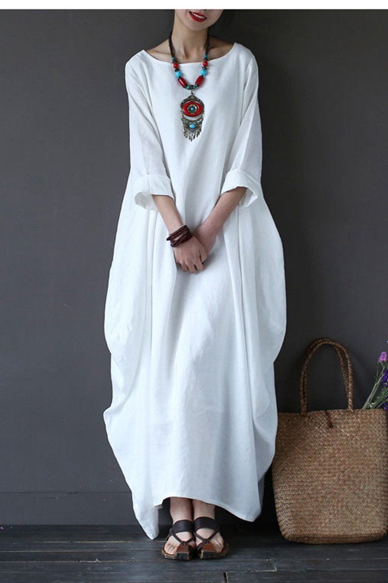 White Bat Sleeve Causel Long Dress Plus Size Oversize Women Clothes 1638 XL