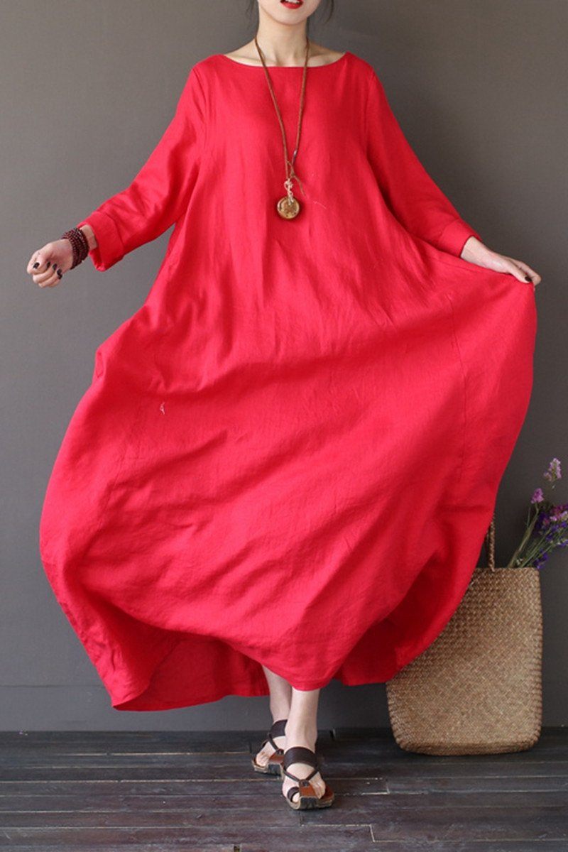 Red Bat Sleeve Causel Long Dress Plus Size Oversize Women Clothes 1638 Custom
