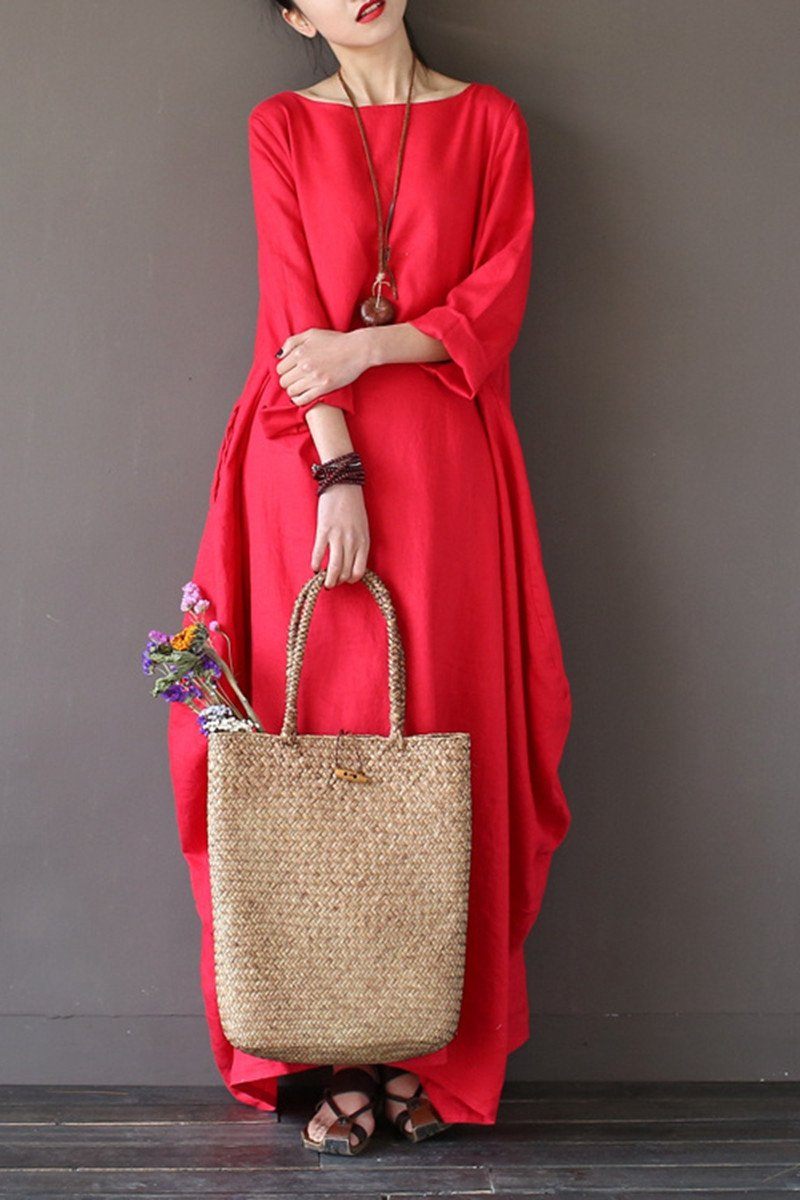 Red Bat Sleeve Causel Long Dress Plus Size Oversize Women Clothes 1638 Custom