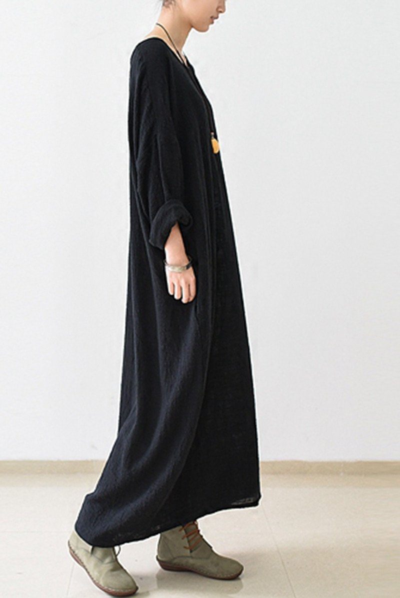Fall Thin Black Linen Dresses Long Sleeve Linen Caftans Gown L Fall Thin Black Linen Dresses Long Sleeve Linen Caftans Gown L