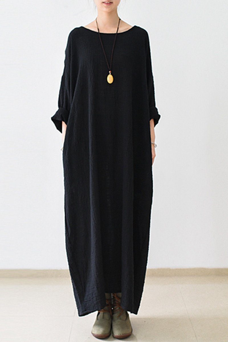 Fall Thin Black Linen Dresses Long Sleeve Linen Caftans Gown L Fall Thin Black Linen Dresses Long Sleeve Linen Caftans Gown L