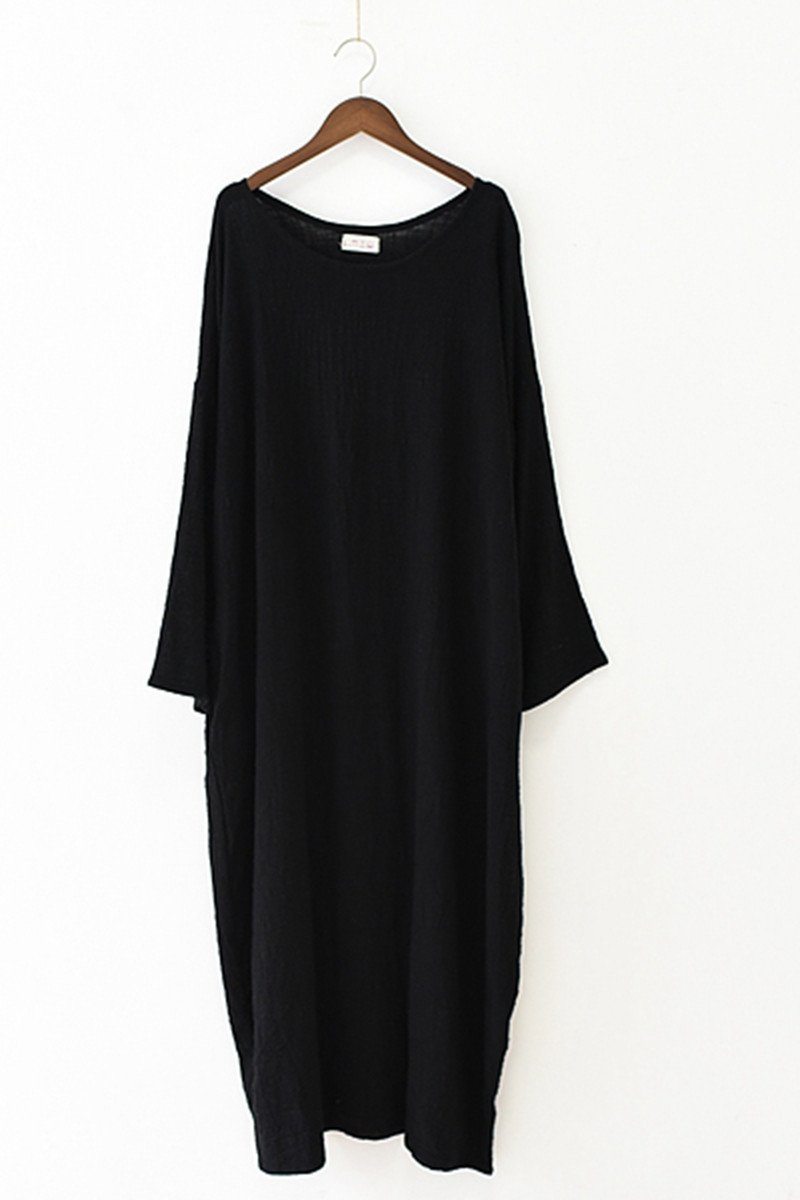 Fall Thin Black Linen Dresses Long Sleeve Linen Caftans Gown L Fall Thin Black Linen Dresses Long Sleeve Linen Caftans Gown L