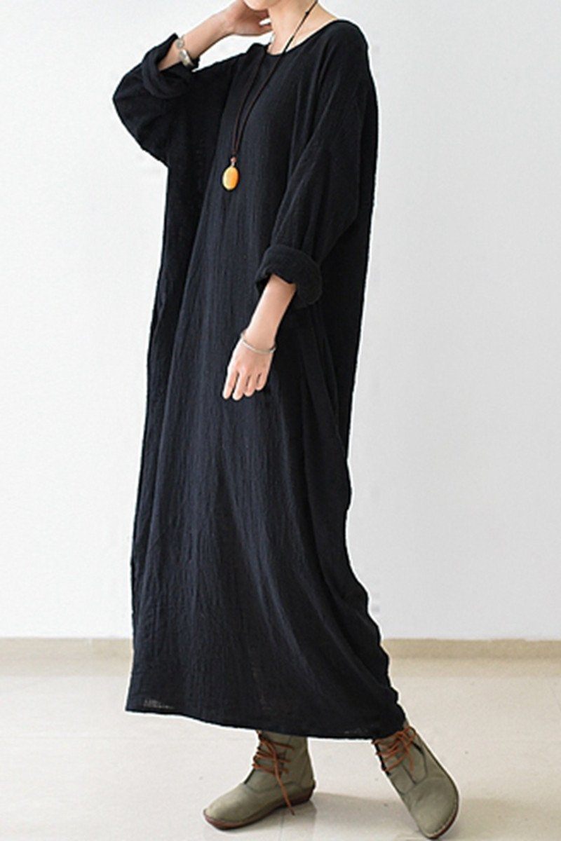 Fall Thin Black Linen Dresses Long Sleeve Linen Caftans Gown L Fall Thin Black Linen Dresses Long Sleeve Linen Caftans Gown L
