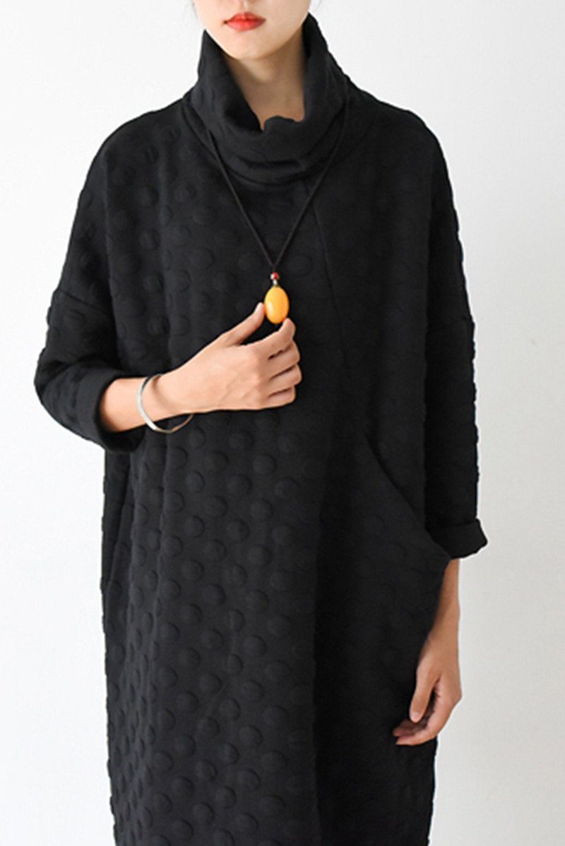 Fall Warm Black Cotton Wave Point Dresses Long Sleeve Winter Clothes M Fall Warm Black Cotton Wave Point Dresses Long Sleeve Winter Clothes M