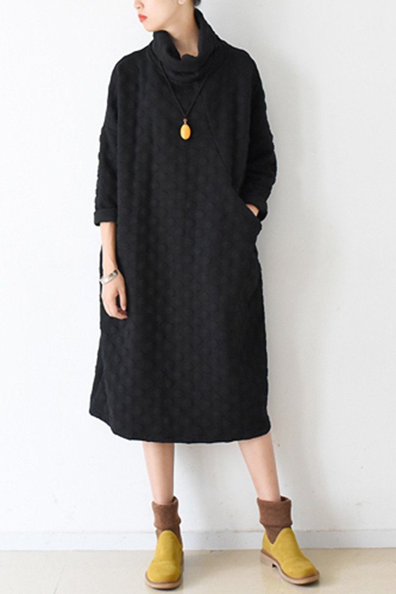 Fall Warm Black Cotton Wave Point Dresses Long Sleeve Winter