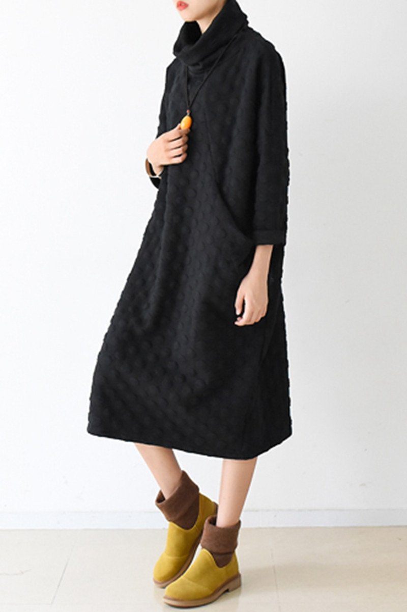 Fall Warm Black Cotton Wave Point Dresses Long Sleeve Winter Clothes M Fall Warm Black Cotton Wave Point Dresses Long Sleeve Winter Clothes M