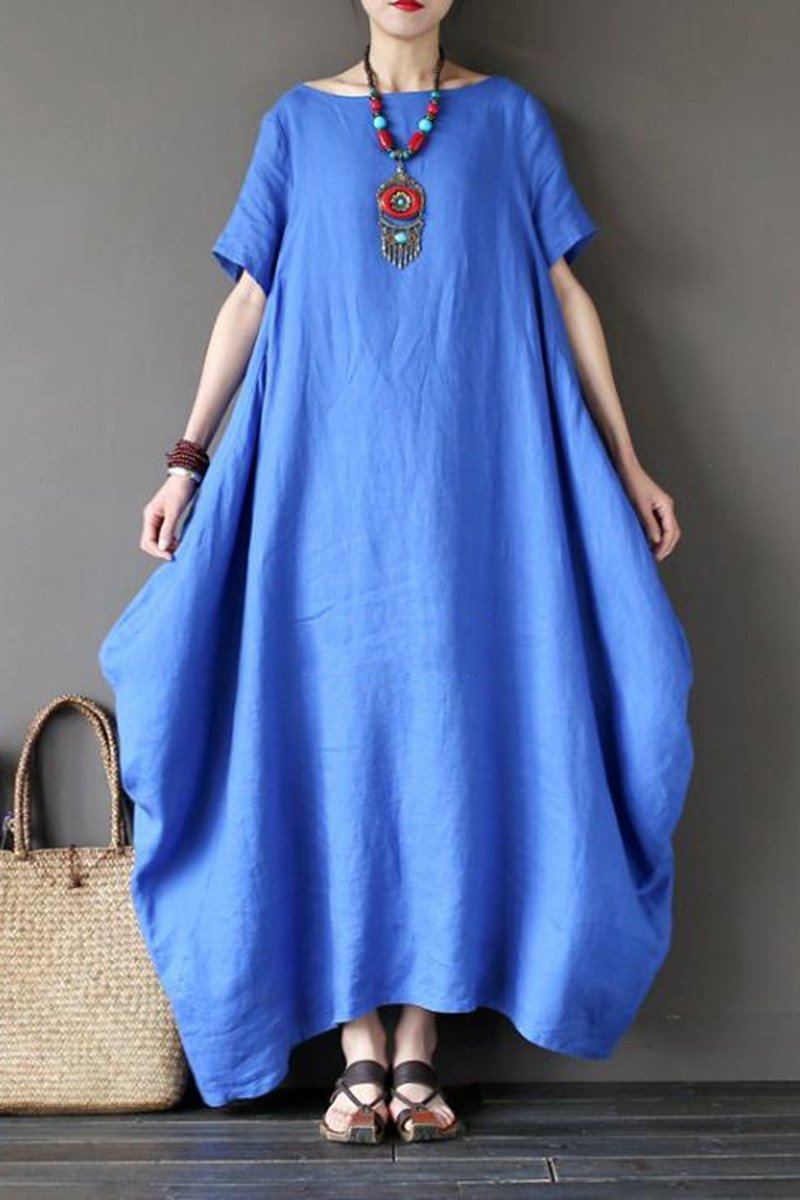 Blue Casual Linen Plus Size Summer Maxi Dresses 1640 L / Blue
