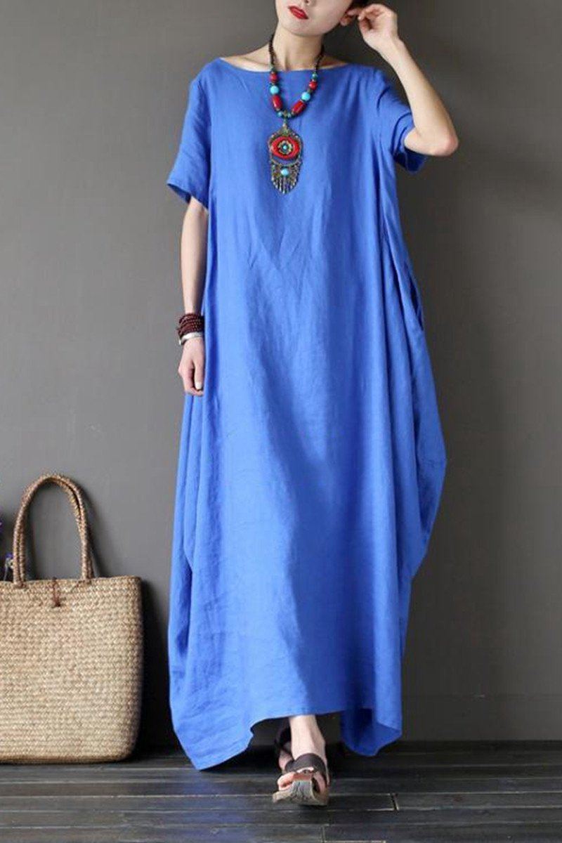 Blue Casual Linen Plus Size Summer Maxi Dresses 1640 L / Blue