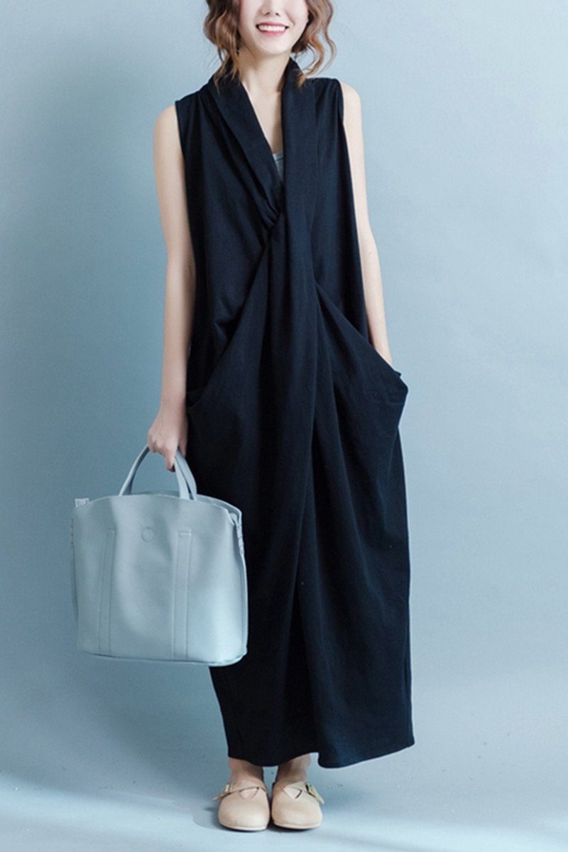 black cross front maxi dress Black Sleeveless Cross Plus Size Oversize long Dresses Q6369 L / Black