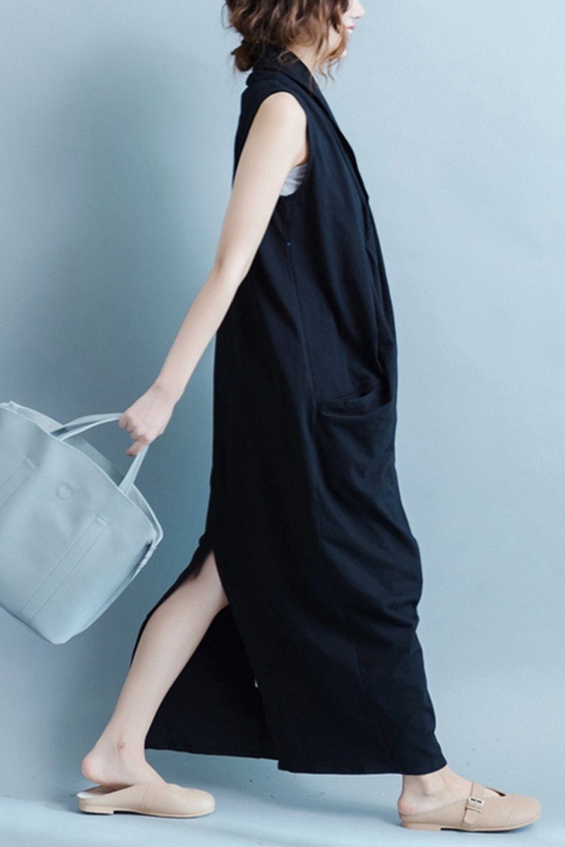 Black Sleeveless Cross Plus Size Oversize long Dresses Q6369 L / Black