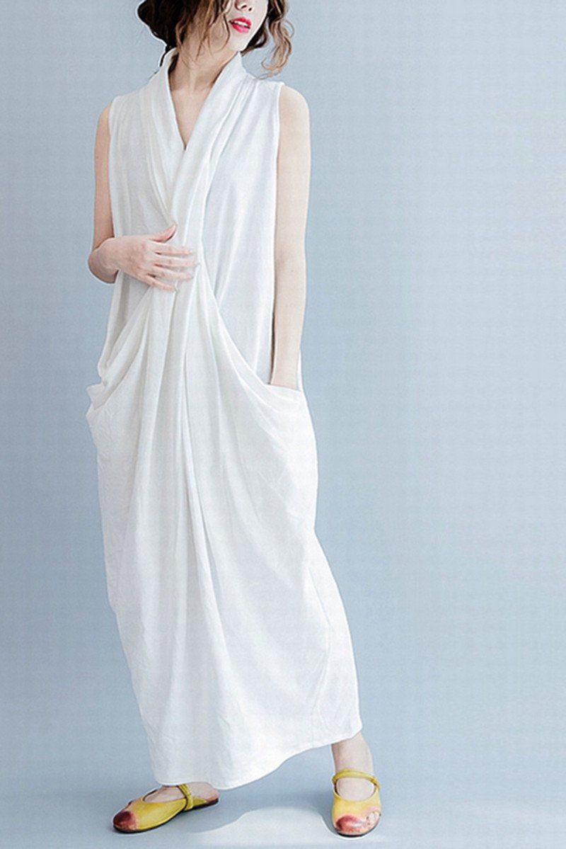 White Sleeveless Cross Plus Size Oversize long Dresses Q6369– FantasyLinen