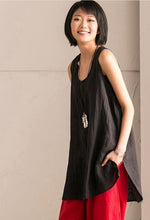 Load image into Gallery viewer, Black Cotton Linen Sleeveless Casual Long Shirt Summer and Spring For Women clothes B636B - FantasyLinen
