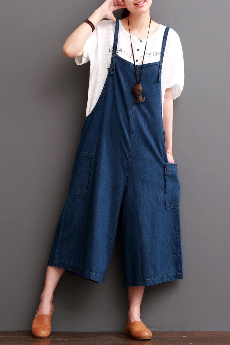 Cowboy Blue Causel Loose Overalls Big Pocket Trousers Women Clothes S