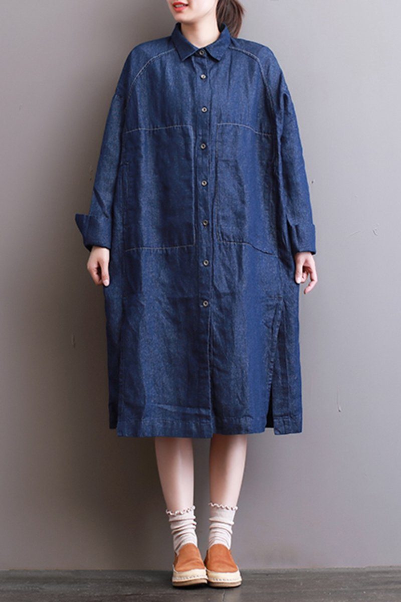 FantasyLinen Women Denim Shirt Dress, Plus Size Casual Shirt Dress with Pockets Q3004 S / Blue FantasyLinen Women Denim Shirt Dress, Plus Size Casual Shirt Dress with Pockets Q3004 S / Blue