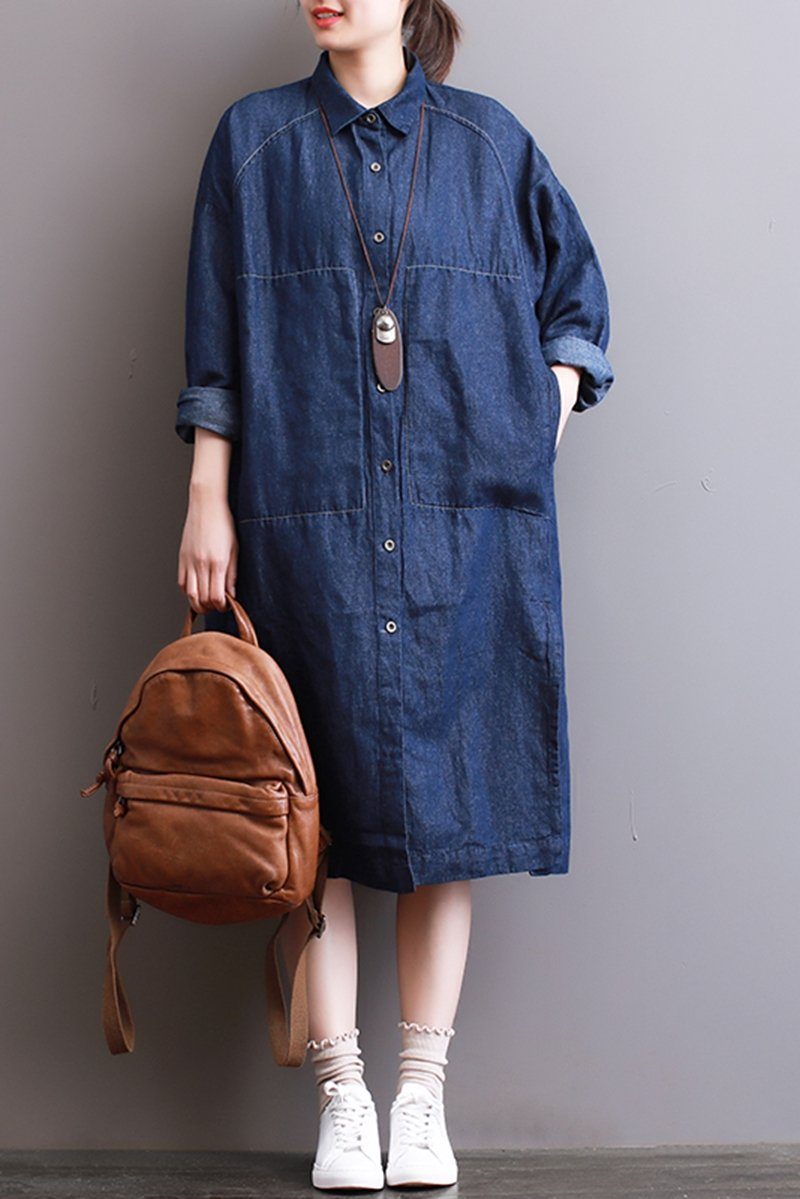 FantasyLinen Women Denim Shirt Dress, Plus Size Casual Shirt Dress With Pockets Q3004 S / Blue FantasyLinen Women Denim Shirt Dress, Plus Size Casual Shirt Dress With Pockets Q3004 S / Blue