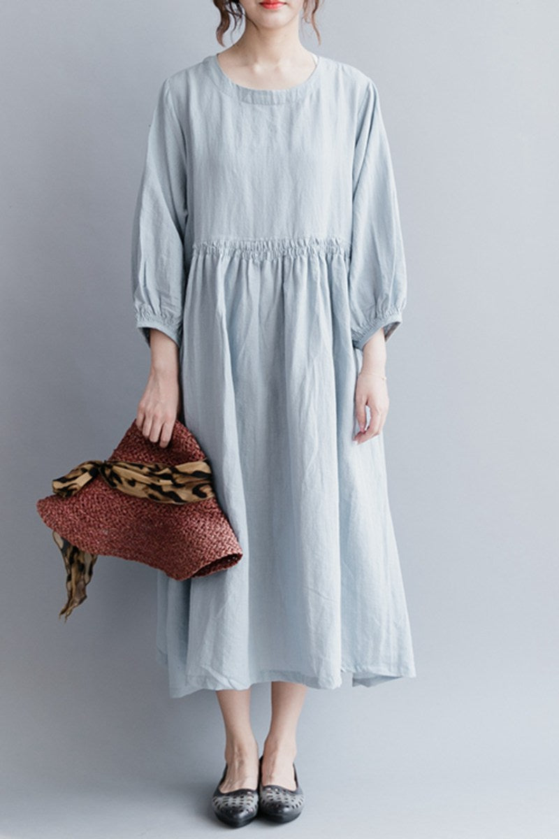 Fashion Women Long Dresses Cotton Linen Loose Lady Dress Q2041