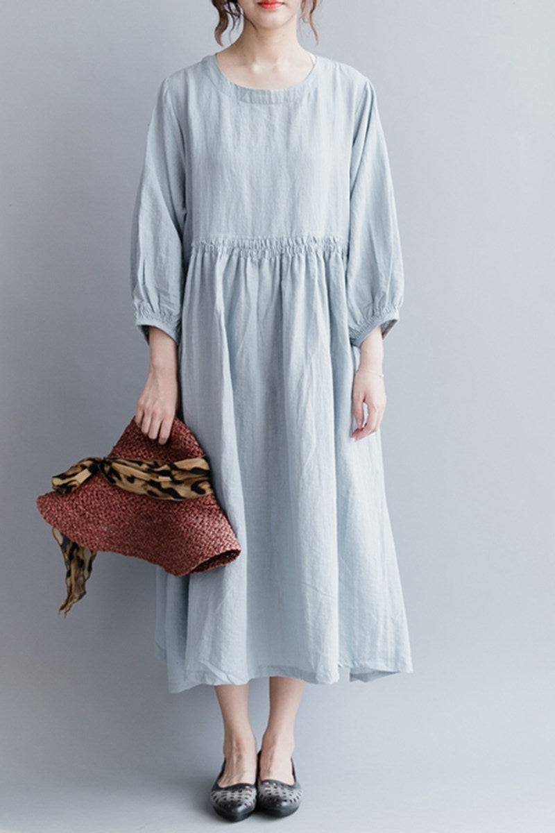 loose cotton linen dresses Women Loose Cotton Linen Dresses 2024 Summer Short Sleeve Crewneck Midi Dress Casual Solid Color Fitted Pockets Sundress