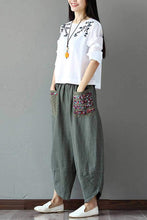Load image into Gallery viewer, Women&#39;s Patchwork Wide Leg Linen Pants Trousers with Big Pockets - FantasyLinen
