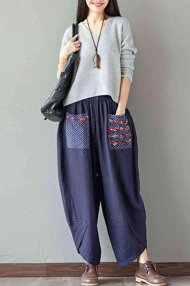 Women's Patchwork Wide Leg Linen Pants Trousers with Big Pockets–  FantasyLinen