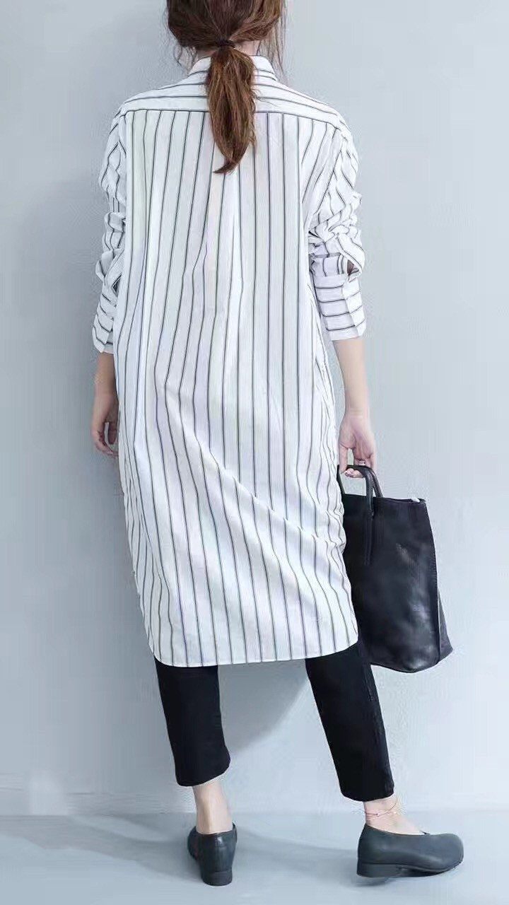chinese dress ladies Stripe Casual Loose Long Shirt Dress For Women Spring Blouse– FantasyLinen