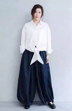 Load image into Gallery viewer, White/Black Lace-up Casual Loose Shirt Women Tops 163018 - FantasyLinen
