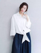 Load image into Gallery viewer, White/Black Lace-up Casual Loose Shirt Women Tops 163018 - FantasyLinen
