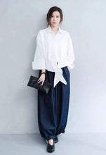 Load image into Gallery viewer, White/Black Lace-up Casual Loose Shirt Women Tops 163018 - FantasyLinen
