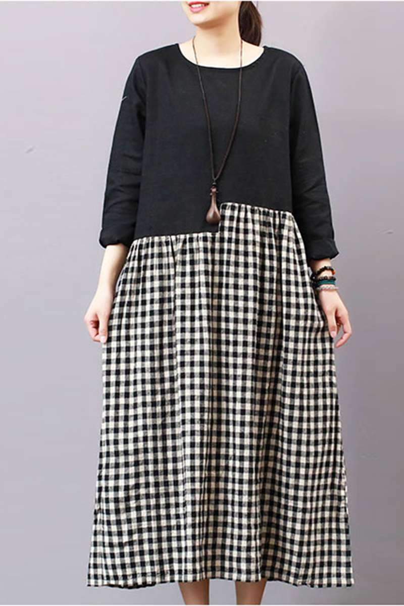 FantasyLinen Casual Loose Plaid Dress, Linen Literary Maxi Dress for Spring Q3010 L / Black