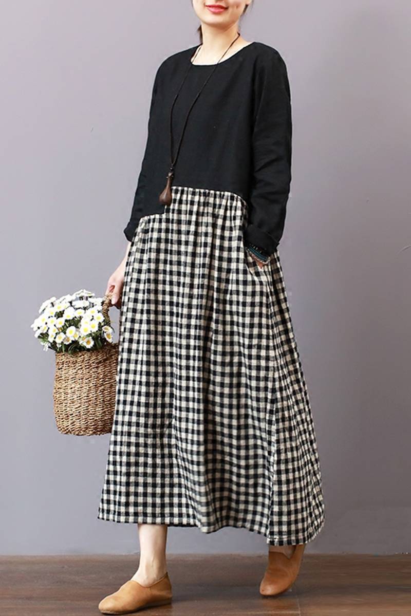 chinese dress ladies Colored Womens Plaid Linen Dress – Colorlinen main image 1