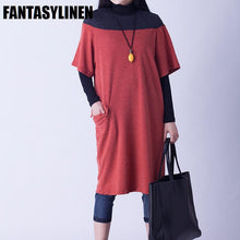 Load image into Gallery viewer, Red Short Sleeve Color Block Dress Women Tops - FantasyLinen