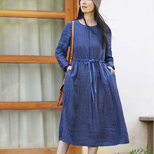 Load image into Gallery viewer, Women Linen Blue Checked Loose Drawstring Waist Dress