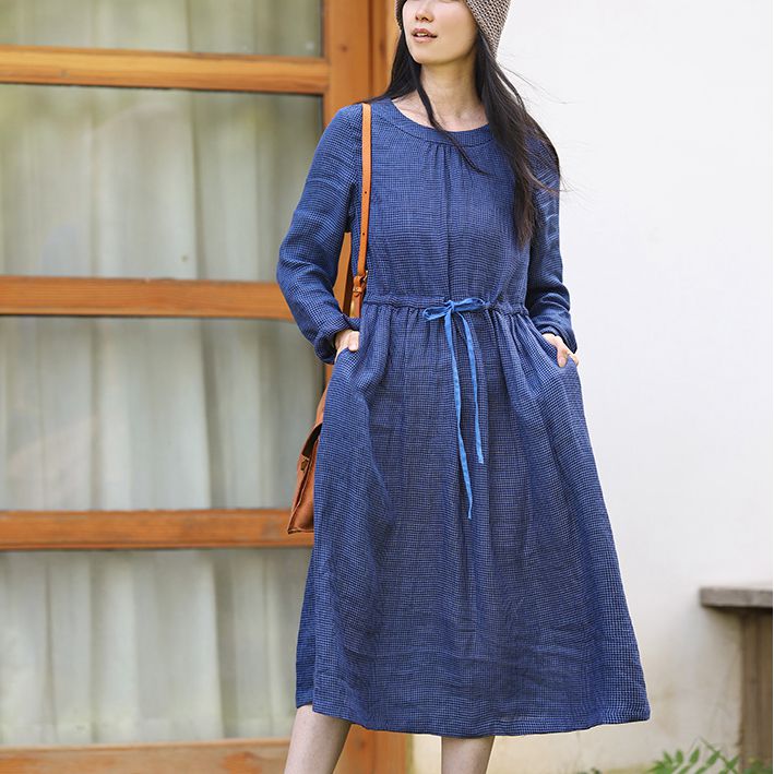 Women Linen Blue Checked Loose Drawstring Waist Dress Women Linen Blue Checked Loose Drawstring Waist Dress