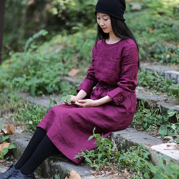 drawstring linen dress Women Linen Loose Drawstring Waist Dress