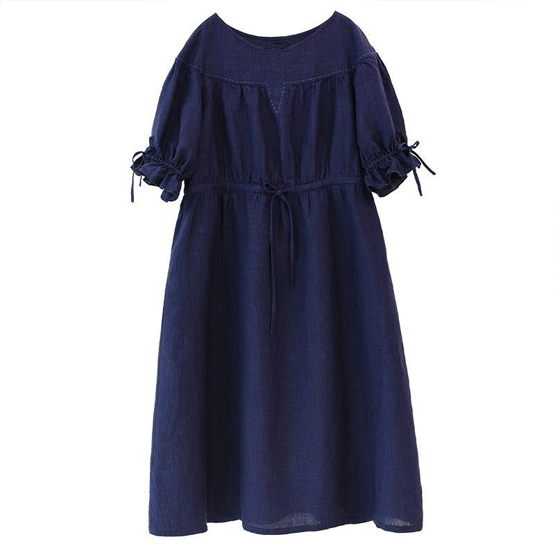 Women Vintage Linen Half Sleeve Round Neck Dress– FantasyLinen