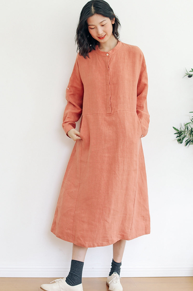 100%Linen Simple Round Neck Dress for Women L