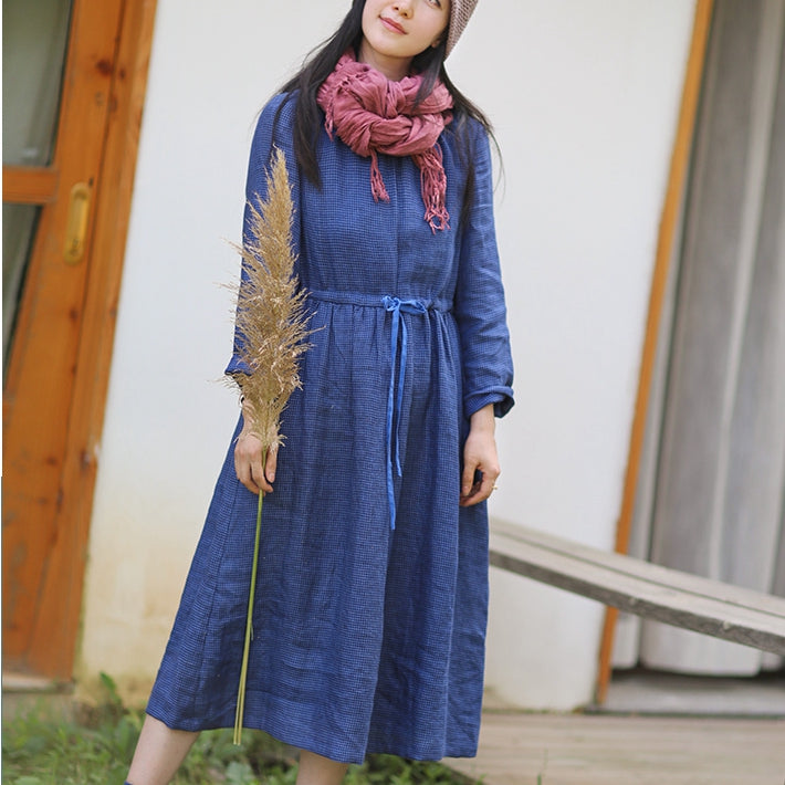 Women Linen Blue Checked Loose Drawstring Waist Dress– FantasyLinen