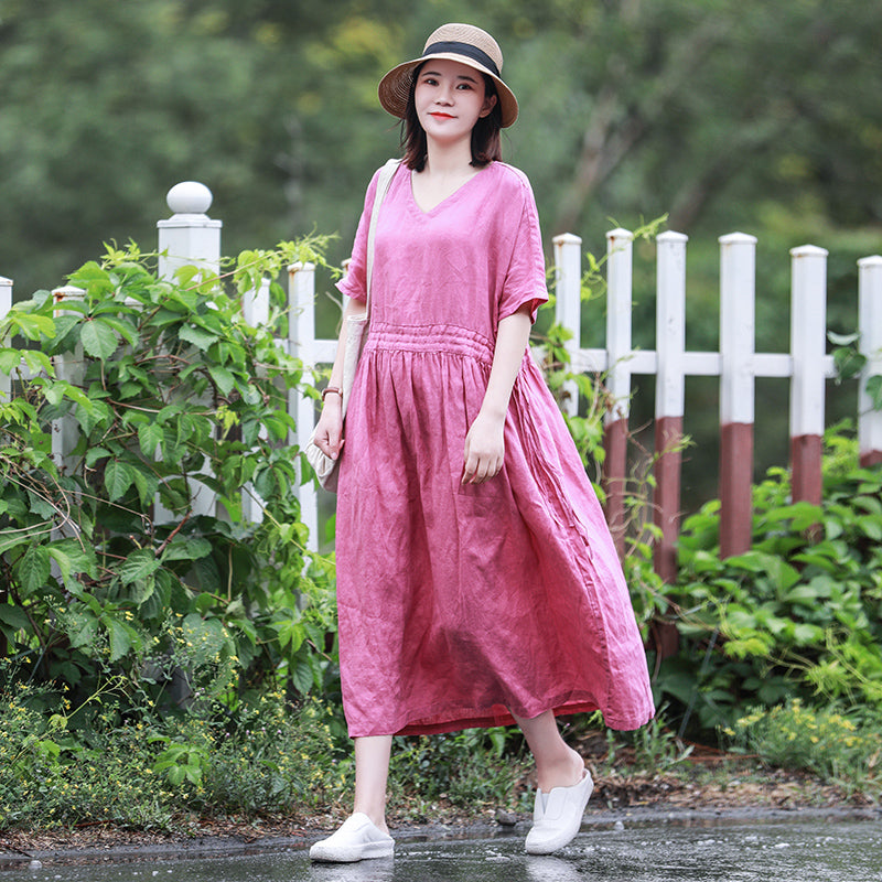 Women Vintage Pink Cotton Linen Dresses For Summer Q10065