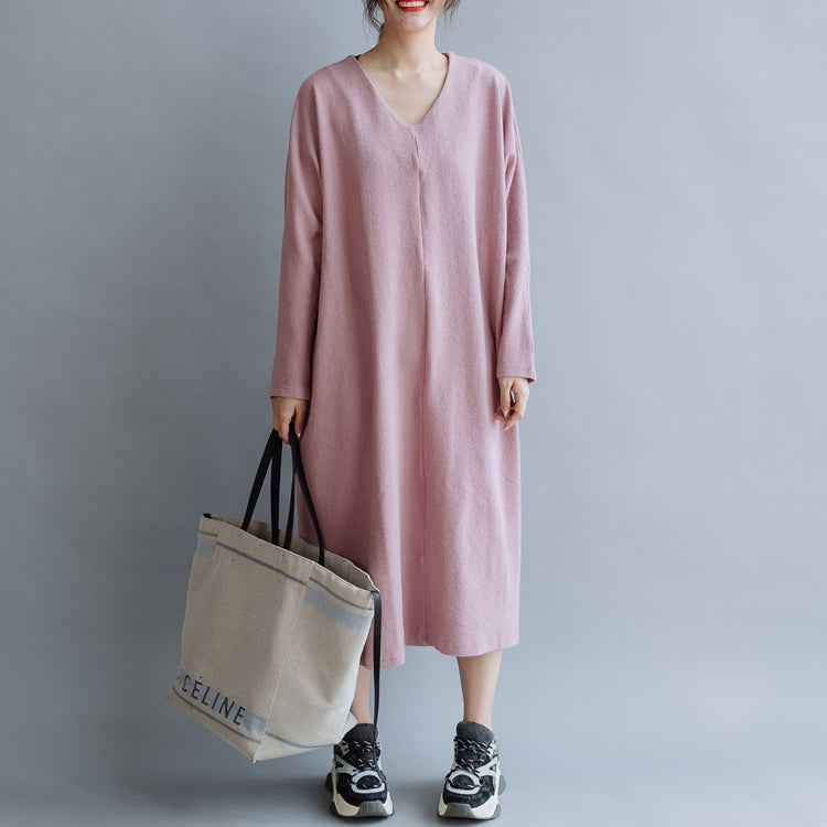 simple loose dress Women Cotton Simple V Neck Loose Dress