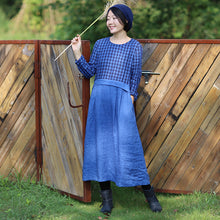 Load image into Gallery viewer, Women Linen Blue Checked Patchwork Dress
