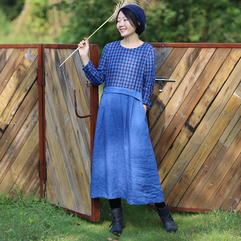 Women Linen Blue Checked Patchwork Dress Women Linen Blue Checked Patchwork Dress