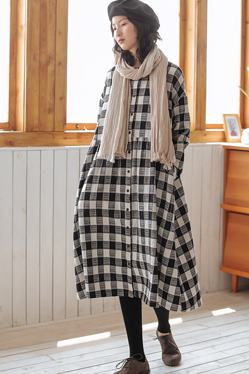 Plaid Long Shirt Dress for Women Q91009 L