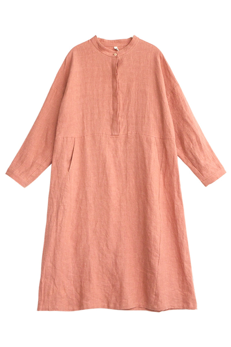 100%Linen Simple Round Neck Dress For Women L