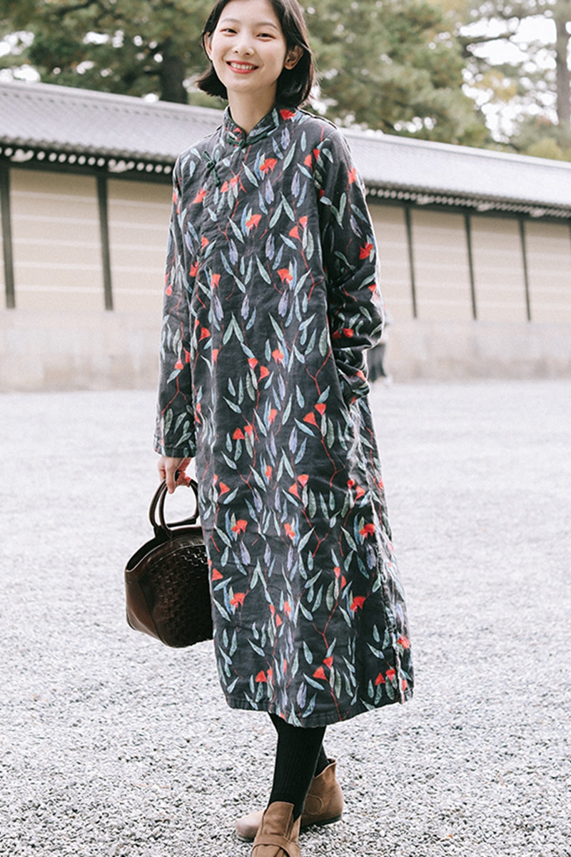 Women Winter Vintage Printed Linen Dress FantasyLinen Women Winter Vintage Printed Linen Dress FantasyLinen